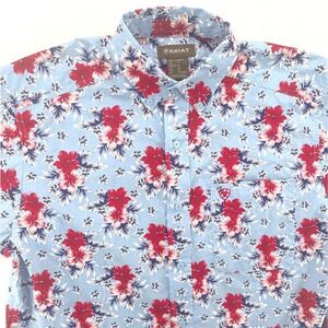 Ariat Hawaiian Camp Button Down Shirt Med Blue Floral Hibiscus Short Sleeve